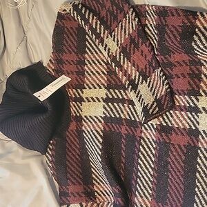 Grey maroon and black plaid loose turtle neck sweater